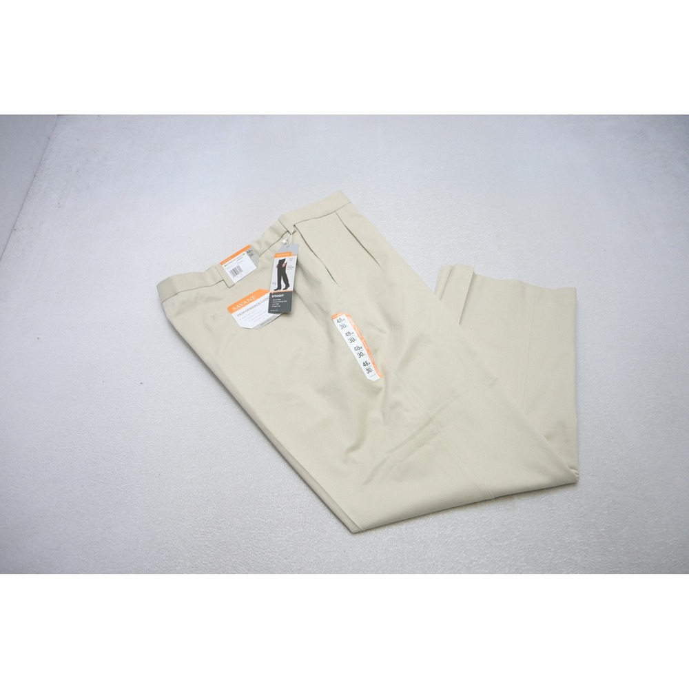 Savane Performance Chino Pants Mens 48x30 Beige Pleated Straight Leg NWT